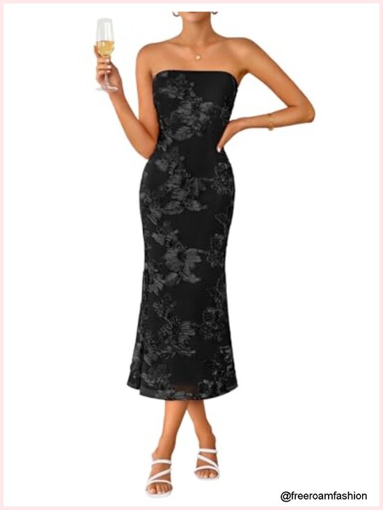Dresses & Skirts - Strapless Floral Bodycon Mesh Midi Dress w/ Non-Slip Strips